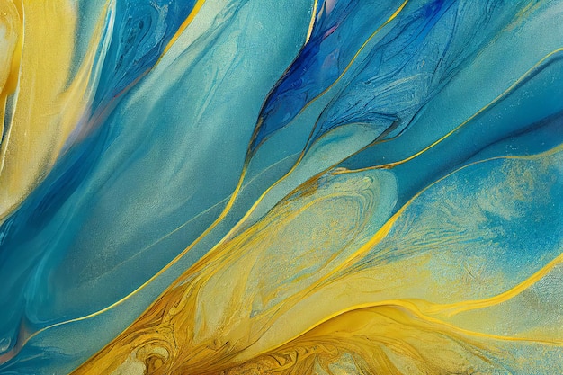 Abstract fluid art painting texture blue and gold colors