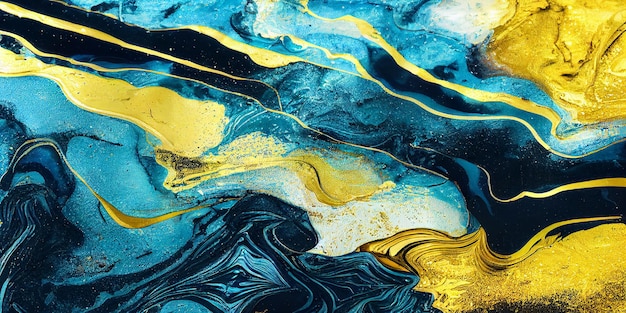 Abstract fluid art painting texture blue and gold colors