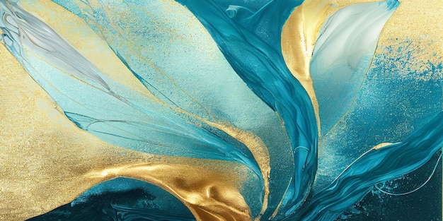 Abstract fluid art painting texture blue and gold colors