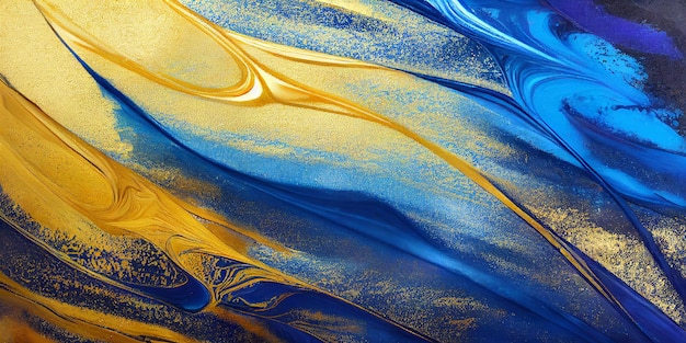 Abstract fluid art painting texture blue and gold colors