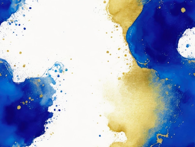 Abstract fluid art painting with alcohol ink blue and gold colors with edit space