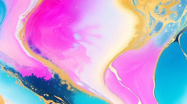 Abstract fluid ink painting background in pink blue colors with golden splashes