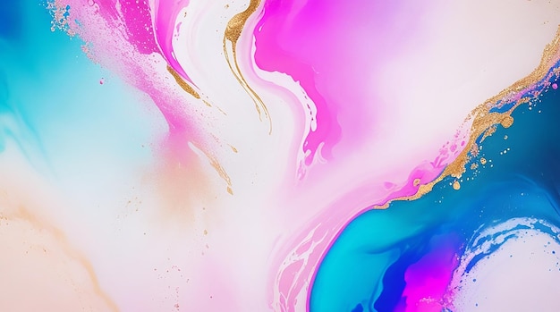 Abstract fluid ink painting background in pink blue colors with golden splashes