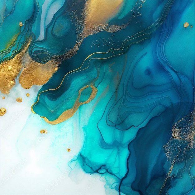 금색 삽입물이 있는 추상 유체 잉크 현대적인 배경 창조적인 디자인 수채색 질감 액체 아트 대리석 벽지 파란색 흐름 패턴