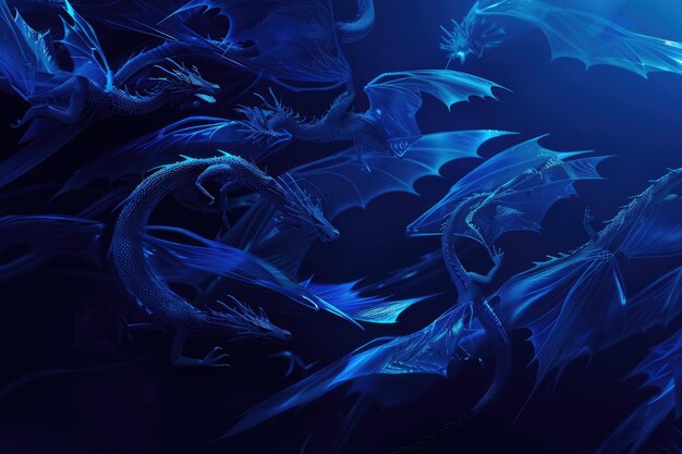 Photo abstract flying dragons on dark blue background for ai design