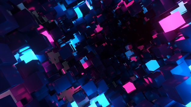 Abstract flying in futuristic corridor background, fluorescent\
ultraviolet light, glowing colorful neon cubes, geometric endless\
tunnel, blue purple spectrum