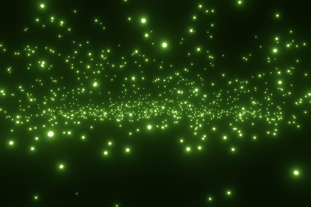 Abstract flying green particles of light on a black background