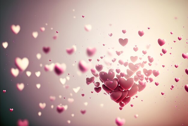 Abstract flying hearts romantic pink symbols scattered to show love blurred background generated ai