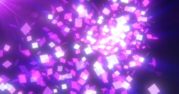 Abstract flying small purple glowing glass squares shiny energetic magical on a dark background