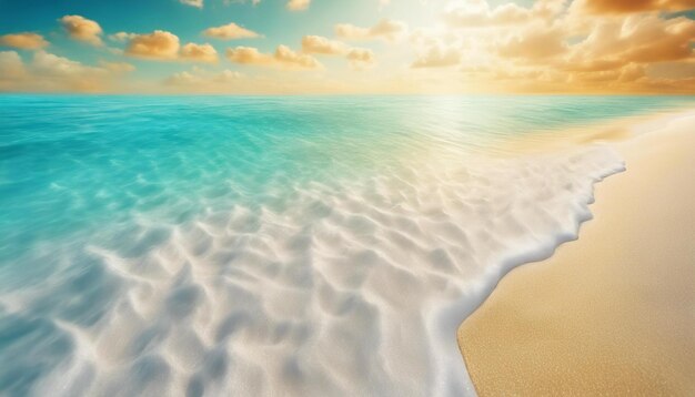 Photo abstract focused background tropical summer beach with golden sand turquoise ocean and blue sky