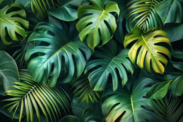 An abstract foliage and botanical background showing monstera leaves palm leaves and branches in a hand drawn pattern An exotic plants background suitable for banners prints decor and wall art