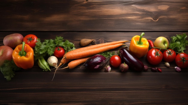 AI が生成した木のテーブル上の抽象的な食品背景野菜
