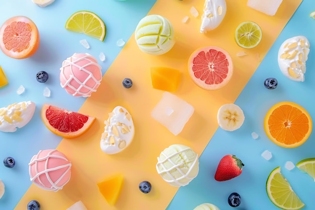 Абстрактный продовольственный фон с ингредиентами, такими как фрукты, сладости и ягоды в пастельных цветах