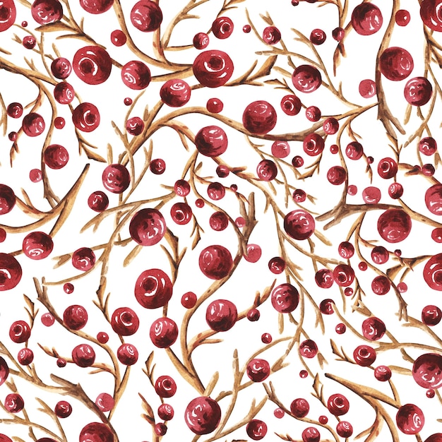 Abstract forest red berries seamless floral pattern watercolor hand drawn illustration