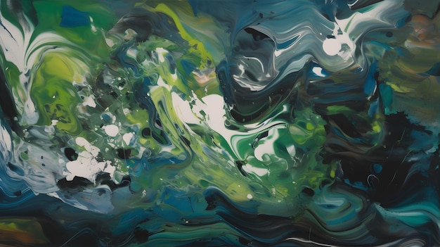 Абстрактная лесная сцена с кружащейся зелено-белой краской, вдохновленная лирической абстракцией Рихтера и техникой жидкого акрила.