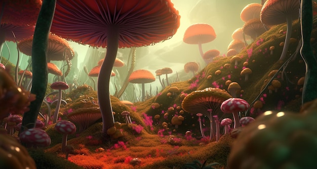 Abstract forest with tall mushrooms and unusual plants