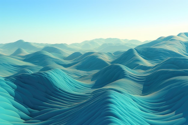 Abstract fractal landscape with rolling hills and rivers under a clear blue sky