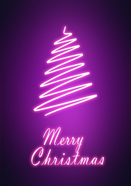 Abstract freehand neon purple glowing Christmas tree on dark background