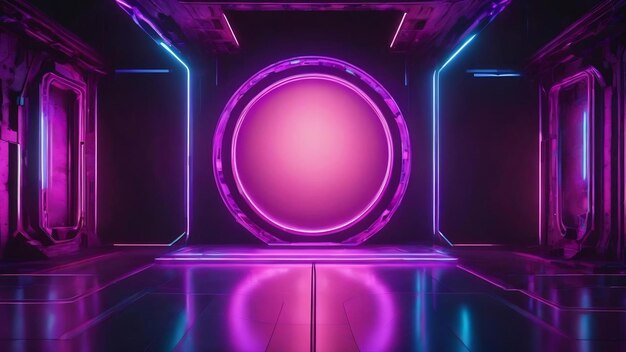 Abstract future scifi modern empty stage with purple and blue circle neon light glow landscape