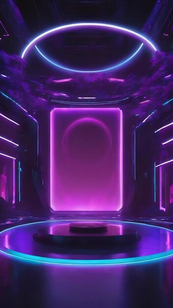 Abstract future scifi modern empty stage with purple and blue circle neon light glow landscape