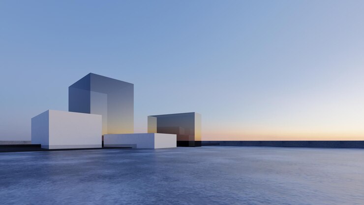 Photo 抽象的な未来的な建築設計夕日を背景に透明な立方体形状