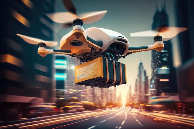 Abstract futuristic autonomous drone delivering packages in a busy city