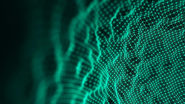 Abstract futuristic background Wave with connecting dots and lines on dark background Wave of particles 3d rendering