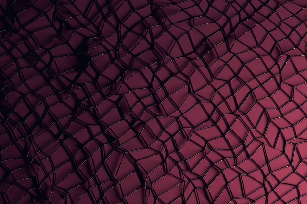 Abstract futuristic background with back glossy wireframe mesh over dark purple surface. 