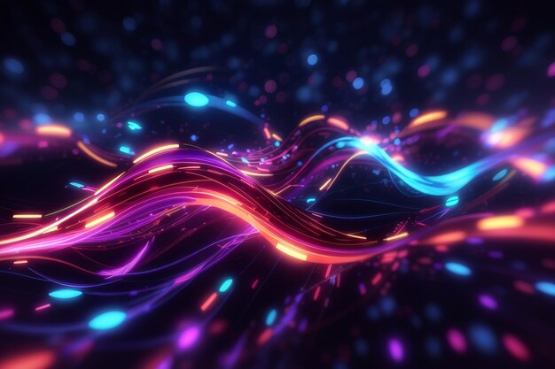 Foto sfondo futuristico astratto con neon luminoso che si muove linee d'onda ad alta velocità e luci bokeh concetto di trasferimento dati carta da parati fantastica