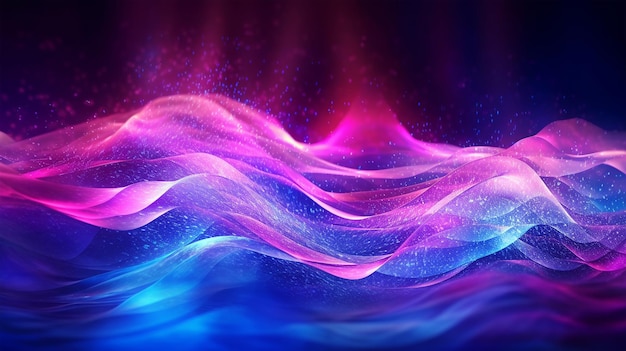 Абстрактный футуристический фон со светящимися неоновыми волновыми линиями боке пурпурного цвета Сгенерированный AI
