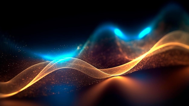 Abstract futuristic background with gold and blue glowing neon moving high speed wave lines and bokeh lights Generative AI