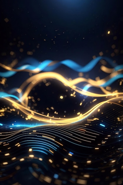 Foto sfondio futuristico astratto con linee d'onda ad alta velocità in movimento di neon luminoso dorato e blu