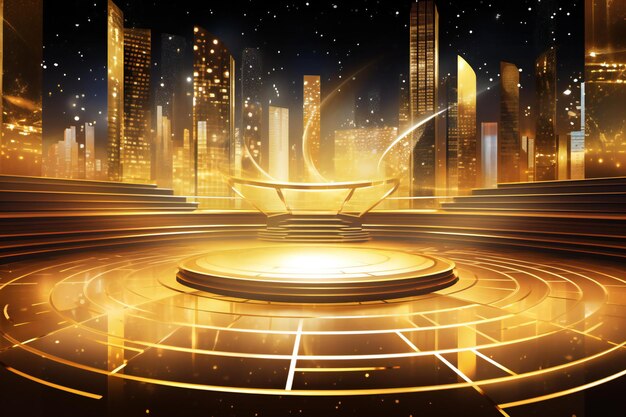 Abstract futuristic background with golden podium and cityscape
