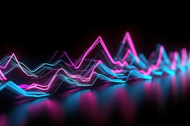 ピンクブルーの輝くネオンが高速波線とボケ味を移動する抽象的な未来的な背景