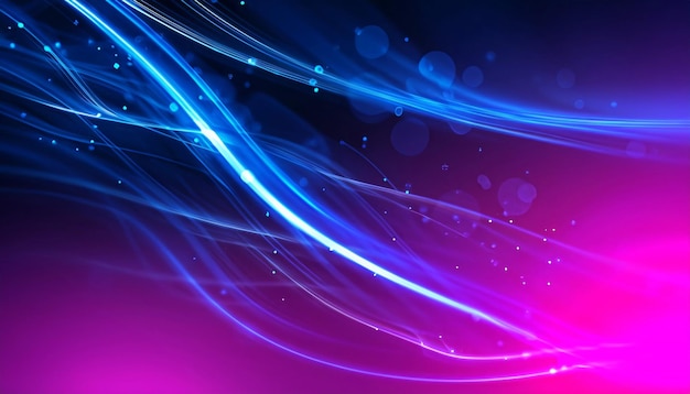 紫外線とボケライトで輝くピンクの青いネオン線の抽象的な未来主義的な背景