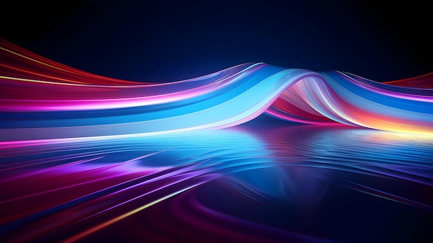 紫と青の輝くネオンが高速波線とボケ味の光データ転送コンセプトを移動する抽象的な未来的な背景