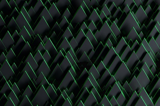 Photo abstract futuristic background with random black triangles with green edges.