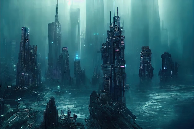水の下で抽象的な未来都市人類未来文明生態学の未来