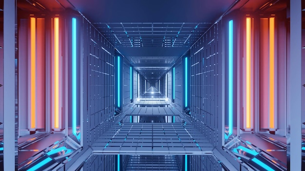 Abstract futuristic corridor background with glowing blue and orange lights