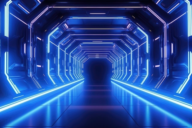 Abstract futuristic corridor tunnel with a neon glow rendered in 3d