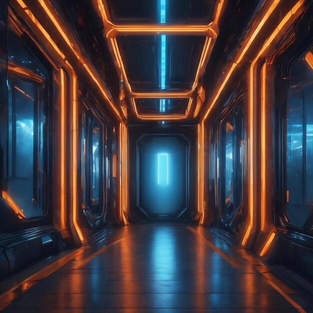 Photo abstract futuristic corridor with glowing blue and orange lights