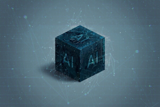 Abstract, futuristic electronic cube, representing the concept of artificial intelligence