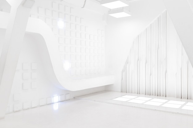 Abstract futuristic empty room interior in white with illumination in the style of a spaceship. geometric decoration on the walls.