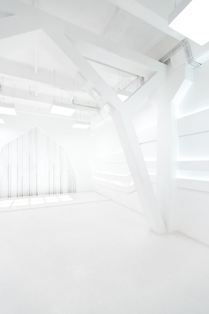 Abstract futuristic empty room interior in white with illumination in the style of a spaceship. geometric decoration on the walls.