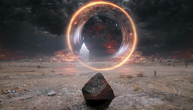 Abstract futuristic fantasy desert landscape fiery circle neon
circle gloomy clouds clouds light circle scifi landscape of an
alien planet unreal world 3d illustration