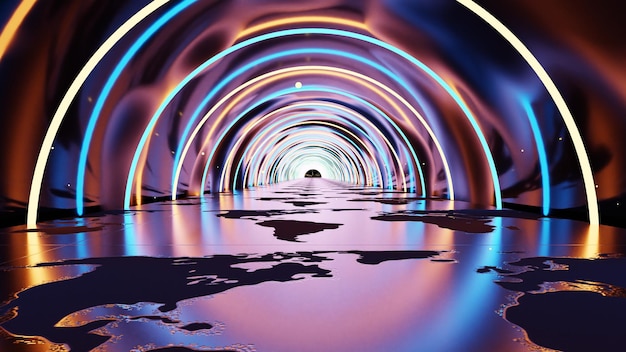 Foto tunnel futuristico astratto bagliore 3d con luci al neon con pavimento modello