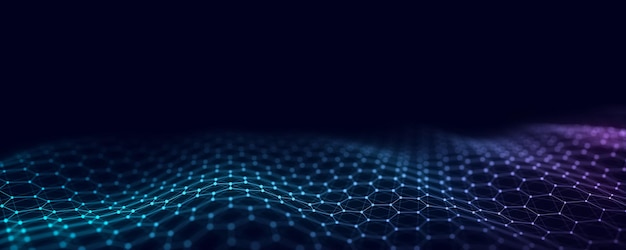 Foto un'onda esagonale futuristica astratta con punti in movimento flusso di particelle e linee colorate illustrazione di tecnologia informatica visualizzazione di grandi dati rendering 3d