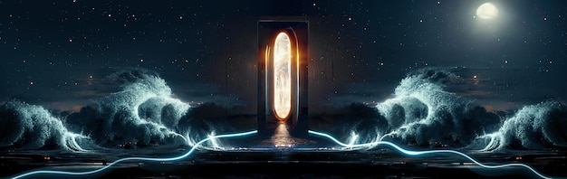 Абстрактный футуристический интерьер неоновый туннельный портал Современный темный фон неоновые огни подземный переход Движение света в темноте Scifi фон 3D иллюстрация
