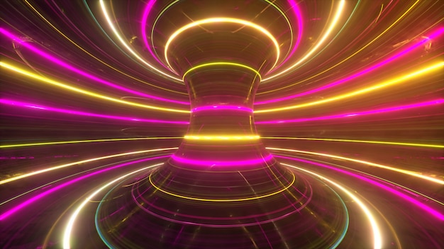 Abstract futuristic neon background with rotating glowing lines speed of light ultraviolet