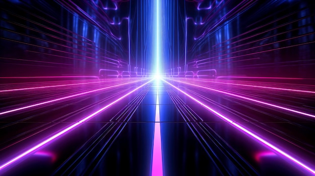 Abstract futuristic neon glowing lamps in dark corridor technology background generative ai